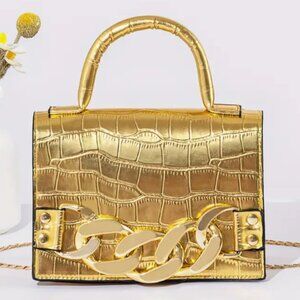 Vintage Chic Style Gold Square Satchel Bag Crocodile Pattern